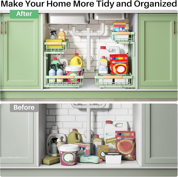 Kitstorack Under Sink Organizer, 2 Tier Under the Sink Storage, Slide out Pull out Cabinet Organizer Shelf, Metal Sliding Drawer for Kitchen Bathroom Pantry Closet Organization Rack, Green, 2 Pack