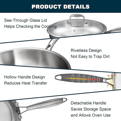 EWFEN Tri-Ply Stainless Steel Frying Pans Set with Lid, 8”/10”/12” Cooking pans, PFOA&PTFE Free Skillet, Induction Cooking Pan, Dishwasher and Oven Safe, Fast & Even Heat, Suitable for All Stove