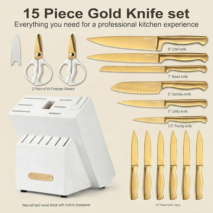McCook® Knife Sets, Golden Titanium Stainless Steel Kitchen Knife Block Sets with Built-in Sharpener,15 Piece Knives, Restaurant Grade Sharp, Elegant Gold & Stylish Wooden Block for Modern Culinary