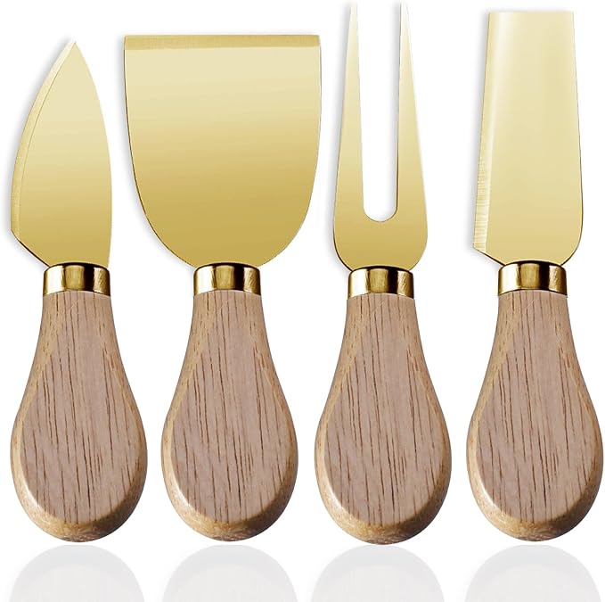 Linwnil 4-Piece Set of Stainless Steel Cheese Knives with Wood Hand, Including Cheese Slicer and Cheese Cutters, Essential Cheese Tools for the Kitchen (Oak handle, Gold)