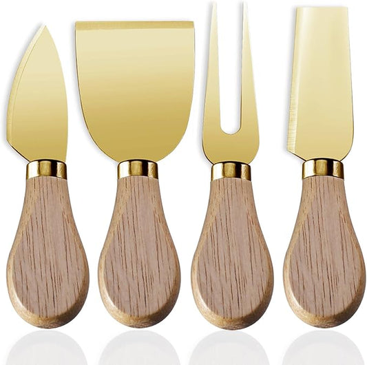 Linwnil 4-Piece Set of Stainless Steel Cheese Knives with Wood Hand, Including Cheese Slicer and Cheese Cutters, Essential Cheese Tools for the Kitchen (Oak handle, Gold)