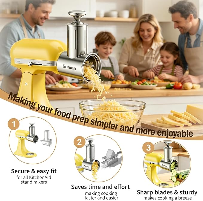 Stainless Steel Slicer Shredder Attachment for Kitchenaid Stand Mixer, 5 Blades Cheese Grater and Vegetable Slicer Set, All-in-One Food Prep Tool, Effortless Salad Maker Accessories, Dishwasher Safe