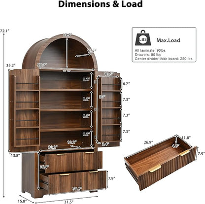 72" Tall Arched Kitchen Pantry Cabinet with 2 Drawers, Mid Century Modern Fluted Storage Cabinet with 8 Adjustable Door Shelves, Wooden Cupboard Organizer for Kitchens, Living Room (Walnut-6.3)