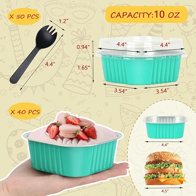 LNYZQUS Mini Cake Pans with Lids and Spoons,10oz Disposable Small Foil Baking Tins,40 Pack Individual Cake Containers for Home Bakers Bake Sales-Cyan Blue,4x4 Square