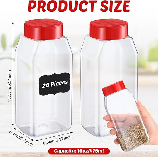 Mifoci 28 Pack 16 oz Plastic Spice Jars with Cap Square Plastic Bottle Containers with Shaker Lids and Stickers Large Seasoning Shaker Empty Powder Storage Container for Storing Salt Herbs (Red)