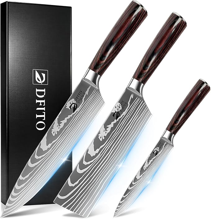 Dfito Kitchen Knife Set, 3 Pieces High Carbon Stainless Steel Chef Knife Set with Red Pakkawood Handle, Ultra Sharp Professional Chef Knives Sets for Home Cooking, Dishwasher Safe