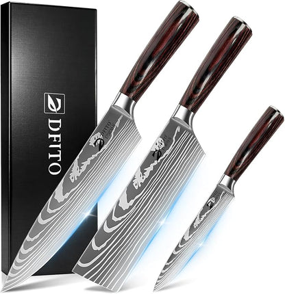 Dfito Kitchen Knife Set, 3 Pieces High Carbon Stainless Steel Chef Knife Set with Red Pakkawood Handle, Ultra Sharp Professional Chef Knives Sets for Home Cooking, Dishwasher Safe
