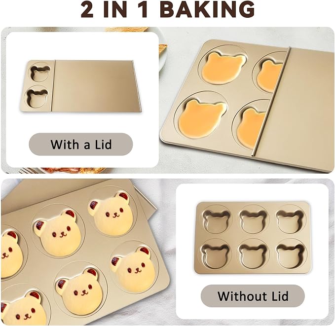 6 Cup English Muffin Pan with Sliding Lid, Bear Shaped Muffin Pans, Nonstick Carbon Steel Hamburger Bun Mold, Cute Bear Muffins Tin for Donut Sandwich Quiche Pancake