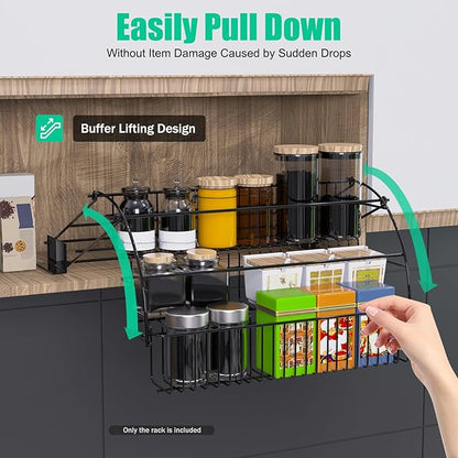 Pull Down Spice Rack for Upper Cabinets, 3-Tier Black Wire Organizer with Screw Mount for Deep Inside Storage