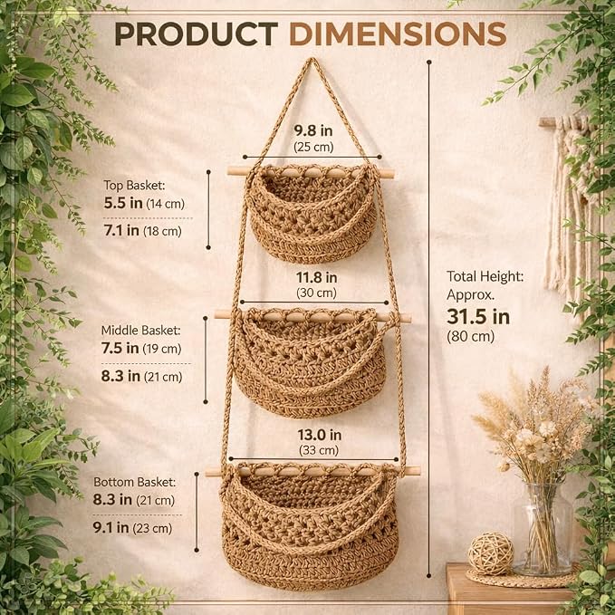 3 Tier Hanging Fruit Basket for Kitchen, Wall Mounted Cotton Rope Produce Storage Organizer, Boho Farmhouse Decor, Space Saver for Small Kitchens, Pantry, Bathroom, RV, Plant & Vegetable Storage