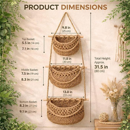 3 Tier Hanging Fruit Basket for Kitchen, Wall Mounted Cotton Rope Produce Storage Organizer, Boho Farmhouse Decor, Space Saver for Small Kitchens, Pantry, Bathroom, RV, Plant & Vegetable Storage