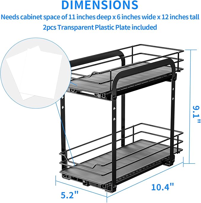RCHYFEED Spice Organization for Cabinet, 2 Tier Pull Out Spice Rack for Seasoning Organizer, Height Adjustable Heavy Duty Metal Basket for Inside Cabinets & Pantry Closet(5.5" Wx10.5 Dx9.5 H)