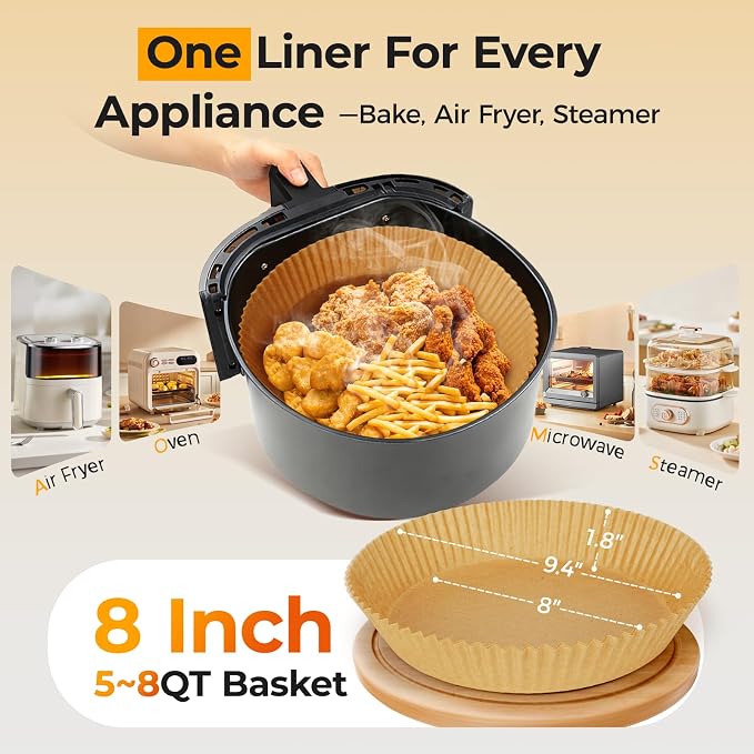 Air Fryer Paper Liners Disposable: 8 Inch Max Xl Large Cooker Air Fryer Disposable Paper Liners, 100Pcs Oil Proof Parchment Sheets Round Basket Bowl Liner for Baking Cooking Food from vailnd