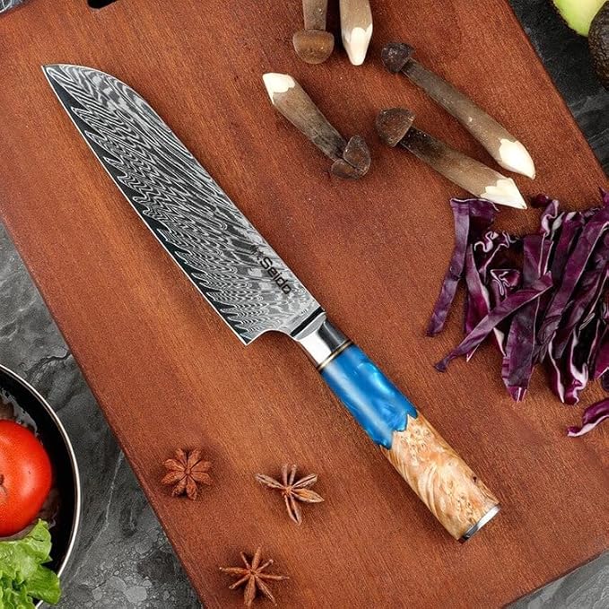 Seido Knives 7-Piece Executive Damascus Steel Knife Set with Japanese VG-10 Super Steel Core - Home Kitchen Knife Set - Professional Design Handle Blue Resin Epoxy and Strong Stabilized Wood