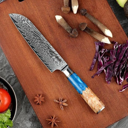 Seido Knives 7-Piece Executive Damascus Steel Knife Set with Japanese VG-10 Super Steel Core - Home Kitchen Knife Set - Professional Design Handle Blue Resin Epoxy and Strong Stabilized Wood