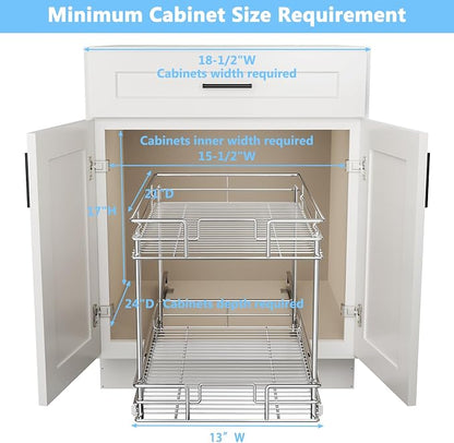 LOVMOR 2-Tier Pull Out Cabinet Organizer, 14" W x 21" D, Chrome Pull Out Drawer for Base Cabinet Silver