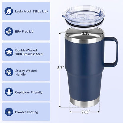 20oz Tumbler with Lid, Stainless Steel Tumbler with Handle, Metal Insulated Travel Coffee Mug with Handle, Double Wall Vacuum Spill Proof Tumbler Cup, Navy 1 Pack