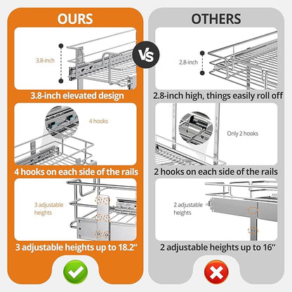 ZOINLIY Pull Out Cabinet Organizer, Versatile Slide Out Kitchen Organizers and Storage,Heavy Duty Drawer Cupboard Storage Basket, Smooth Sliding, Chrome Finish (2-Tiers-17¾''W×22“D)