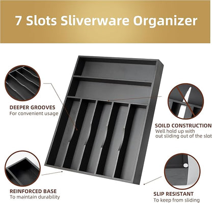 Silverware Organizer Bamboo Kitchen Drawer Organizer Utensil Organizer Silverware Holder Cutlery Organizer in drawer Flatware Organizer Tray (Black 7 Slots)