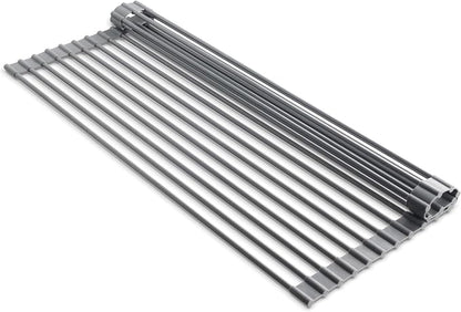 edge Roll Up Dish Drainer, Over The Sink Multi-Purpose Foldable Drying Rack, Silicone Coated Gray, Medium- 17" x 13.1"