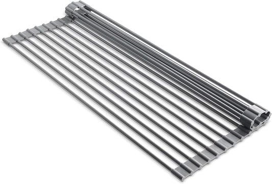 edge Roll Up Dish Drainer, Over The Sink Multi-Purpose Foldable Drying Rack, Silicone Coated Gray, Medium- 17" x 13.1"