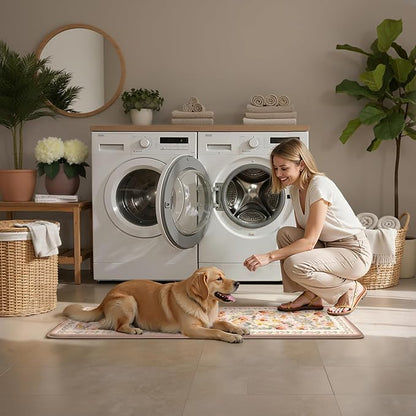 Anti Fatigue Kitchen Mats 2PCS Thick Non Slip Cushioned Rugs Beige Abstract Floral Waterproof Comfort Standing Mats for Floor Sink Laundry Office 17.3"×47"+17.3"×30"
