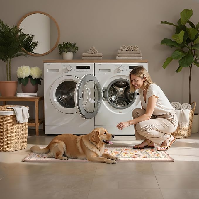 Anti Fatigue Kitchen Mats 2PCS Thick Non Slip Cushioned Rugs Beige Abstract Floral Waterproof Comfort Standing Mats for Floor Sink Laundry Office 17.3"×59"+17.3"×30"