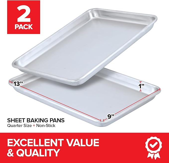 Aluminum 9x13 Baking Sheet Pan (2 Pack), Commercial Quarter Size Rimmed Baking Pans for Oven, Freezer, & Bun Racks, Heavy Duty Baking Sheet Cake Pan, Large Cookie Sheets for Baking & Cooking