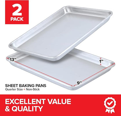 Aluminum 9x13 Baking Sheet Pan (2 Pack), Commercial Quarter Size Rimmed Baking Pans for Oven, Freezer, & Bun Racks, Heavy Duty Baking Sheet Cake Pan, Large Cookie Sheets for Baking & Cooking
