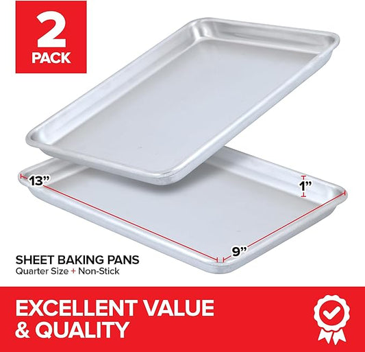 Aluminum 9x13 Baking Sheet Pan (2 Pack), Commercial Quarter Size Rimmed Baking Pans for Oven, Freezer, & Bun Racks, Heavy Duty Baking Sheet Cake Pan, Large Cookie Sheets for Baking & Cooking