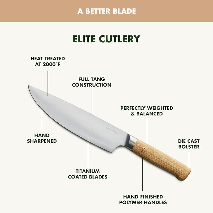 GreenPan Elite 13 Piece Wooden Knife Block Set, Professional Stainless Steel Blades with Titanium Coating, Ultra-Sharp Kitchen Cutlery, Chef, Santoku, Bread & Steak Knives, Ergonomic Light Wood Handle