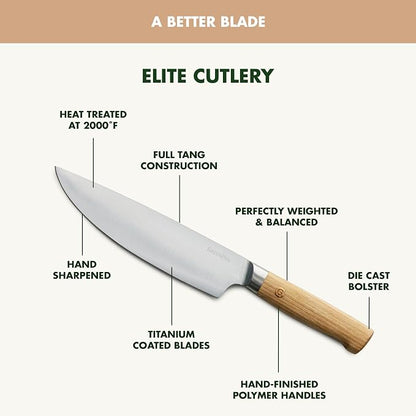 GreenPan Elite 13 Piece Wooden Knife Block Set, Professional Stainless Steel Blades with Titanium Coating, Ultra-Sharp Kitchen Cutlery, Chef, Santoku, Bread & Steak Knives, Ergonomic Light Wood Handle