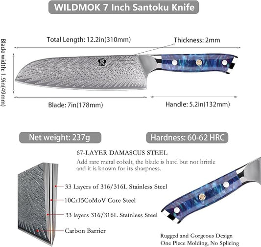 WILDMOK Santoku Knife, 7 Inch kitchen knife, Japanese Damascus Forged Steel Multifunction Kitchen Knives & Resin Handle, Sharp Damascus Kitchen Knife
