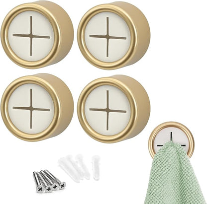 S&T INC. Round Adhesive Push Towel Hooks for Kitchen, Hand and Dish Towels, Brushed Gold, 4 Pack
