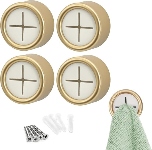 S&T INC. Round Adhesive Push Towel Hooks for Kitchen, Hand and Dish Towels, Brushed Gold, 4 Pack