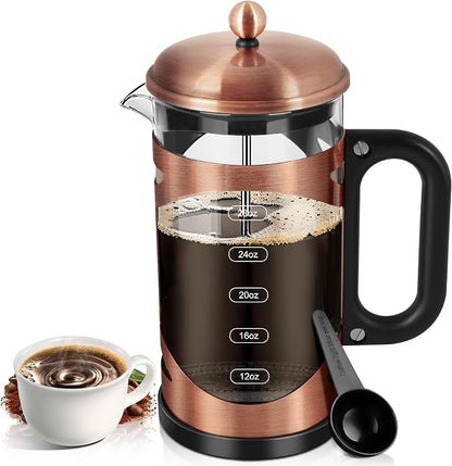 YMMIND 34 Ounce French Press Coffee Maker Copper Stainless Steel Coffee Press, with 4-Level Filter System, Heat Resistant Thickness Borosilicate Glass, BPA-Free Brewed Coffee Pot for Camping Gifts