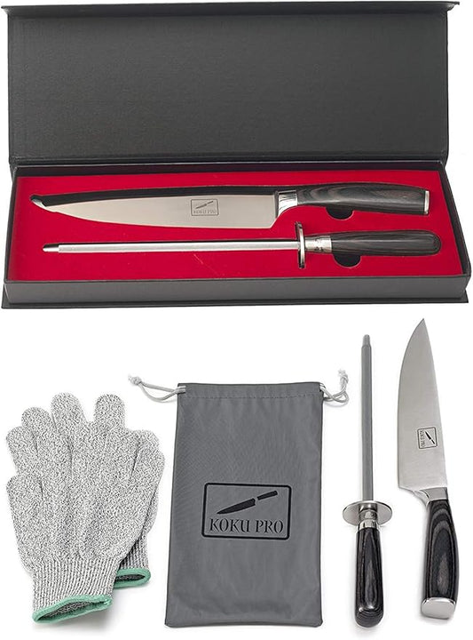 Japanese Knife - Super Sharp 8” Chef Knife - High Carbon Stainless Steel Kitchen Knife - Also Includes: Knife Sharpener, Pair of Kevlar (Cut-Resistant ) Gloves & Bag, Plus Storage Box