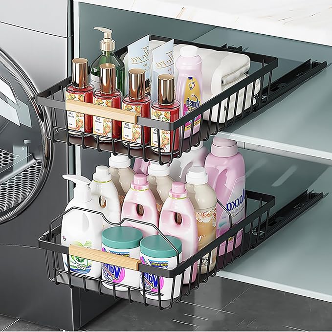 2 Pack No Drill Pull Out Cabinet Organizer, Carbon Steel Slide Out Drawer with Nano Adhesive, Kitchen Pantry Bathroom Under Cabinet Storage, Black