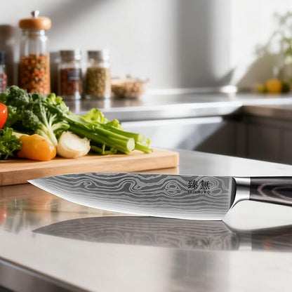8 Inch Chef Knife, High Carbon Stainless Steel Japanese Gyuto Style Cooking Knife with Wave Pattern, Ergonomic Pakkawood Handle - Professional Kitchen Knife with Gift Box