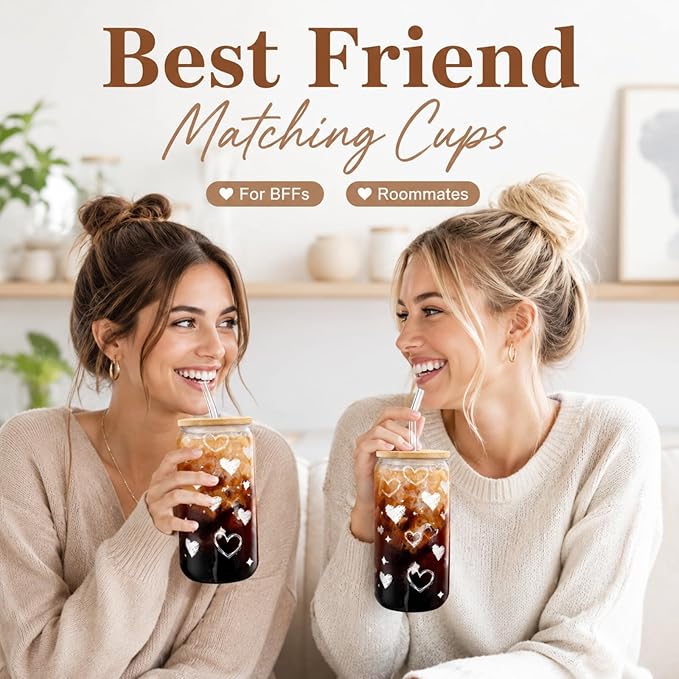 Glass Cups with Lids and Straws, 2 Pack Heart Glass Cups, 16 oz Borosilicate Iced Coffee Cups, Matching Drinkware for Best Friends, Couples, Birthday and Anniversary