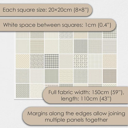 Cotton Satin Patchwork Fabric Panel – 35 Designs, 20×20 cm Squares, Single Piece 150×110 cm, Neutral Grey Quilt Fabric (Elegant Beige Patchwork Set, 35pcs 8x8 inch)