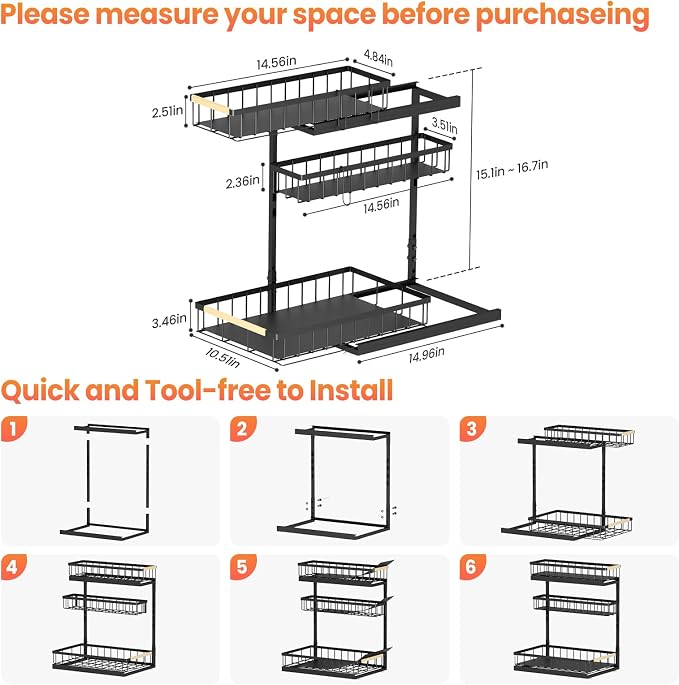 Under Sink Organizer and Storage for Bathroom and Kitchen - Under Cabinet 1 Pack 3 Tier Pull Out Shelf Organizers - Slide Out Drawer Organization for Home Cabinets Shelves and Drawers