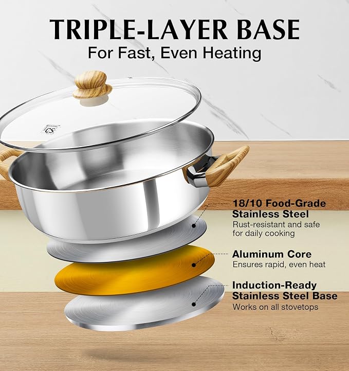 KOCH SYSTEME CS 12 Inch Stainless Steel Saute Pan with Lid, 5.5 Quart Deep Frying Pan with Double Handles, 18/10 Stainless Steel Pan with Cool-Touch Bakelite Handle, Deep Frying Pan, Induction Ready