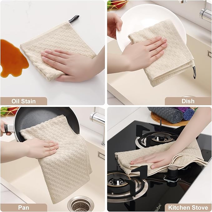 Homaxy 100% Cotton Kitchen Towels and Dishcloths Set, 12 x 12 & 15 x 25 Inches, Set of 10 Bulk Terry Cloth Dish Towels, Super Soft and Absorbent Hand Towel with Hanging Loop, Beige