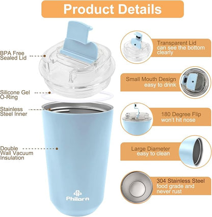 PHILORN Travel Coffee Mug 12 OZ Tumbler, Insulated Coffee Mug with Lid, Coffee Thermos for Hot & Cold Drinks, Leak Proof Coffee Tumbler with Double Wall (LIGHT BLUE)