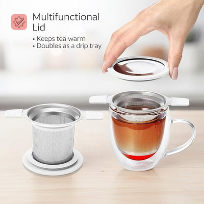 Stainless Steel Tea Infuser for Loose Leaf Tea – Extra Fine Mesh Strainer with Heat Proof Double Handles & Lid, Reusable Filter Fits Mugs, Cups & Teapots, White