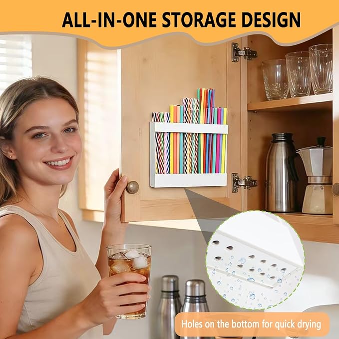 NTIERA 9.5" Large Acrylic Straw Holder for Cabinet Door-Reusable Tumbler Straw Organizer Storage,Small Kitchen Organizers and Storage Accessories Container, Ultra Sticky Cupboard Door Mounted(White)