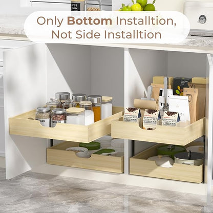 COOLBEBE 2 Tier Pull Out Drawers for Cabinets, 17"W x 21"D Double Tier Slide Out Wood Drawer Shelf Organizer, Soft Close Heavy-Duty Cabinet Pull Out Shelves for Kitchen Pantry Bathroom Storage