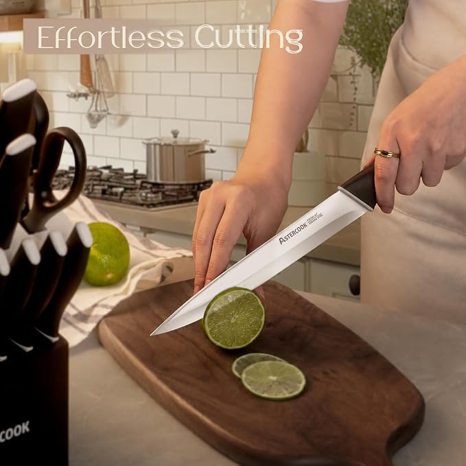 Astercook Knife Set, Kitchen Knives with Block and Sharpener 15 Pcs German Stainless Steel Knives Sharp Blade Dishwasher Safe Deba Knives with Ergonomic Handle, Elegant Black