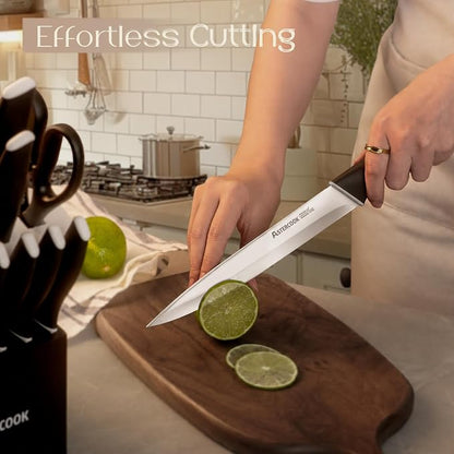 Astercook Knife Set, Kitchen Knives with Block and Sharpener 15 Pcs German Stainless Steel Knives Sharp Blade Dishwasher Safe Deba Knives with Ergonomic Handle, Elegant Black